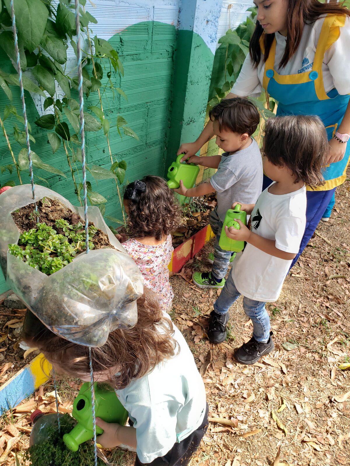 Niñas y niños riegan con regaderas verdes una matera colgante, acompañados por una docente
