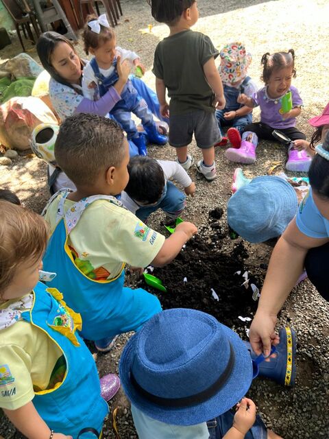 Grupo de niños pequeños sentados al aire libre alrededor de la tierra de la huerta, acompañados por una docente