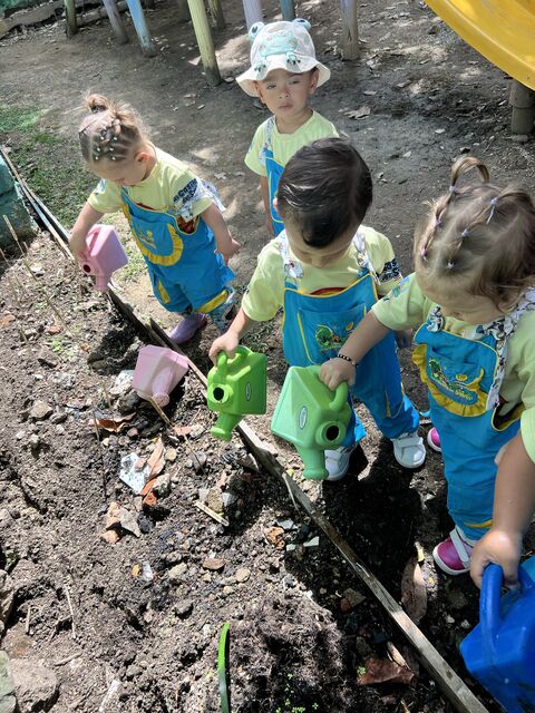 Cuatro niños pequeños de overol azul y camiseta amarilla riegan la tierra de la huerta con regaderas de colores