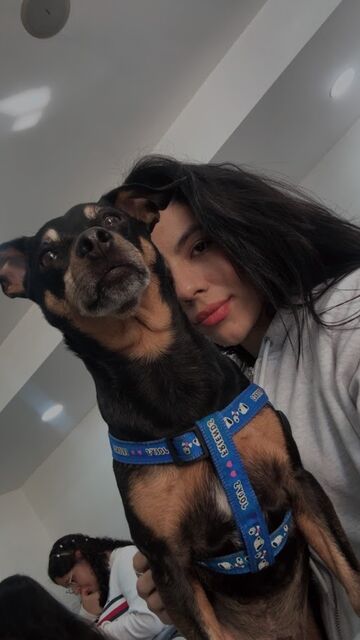 Selfie de una mujer de cabello oscuro que apoya su rostro contra un perro negro y café con arnés azul.