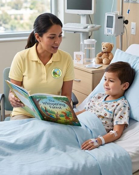 Docente de camisa amarilla sentada junto a una cama de hospital leyéndole un cuento ilustrado a un niño en pijama, con un oso de peluche y monitores al fondo