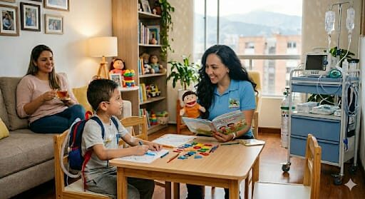 Docente de camiseta azul leyendo un cuento con un títere a un niño sentado en una mesa, en una sala con biblioteca y lámpara